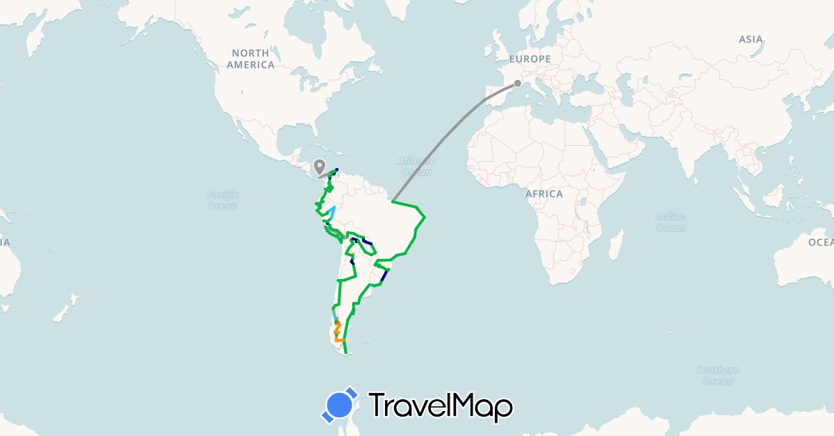 TravelMap itinerary: driving, bus, plane, hiking, boat, hitchhiking in Argentina, Bolivia, Brazil, Chile, Colombia, Ecuador, France, Panama, Peru, Portugal, Paraguay, Uruguay (Europe, North America, South America)